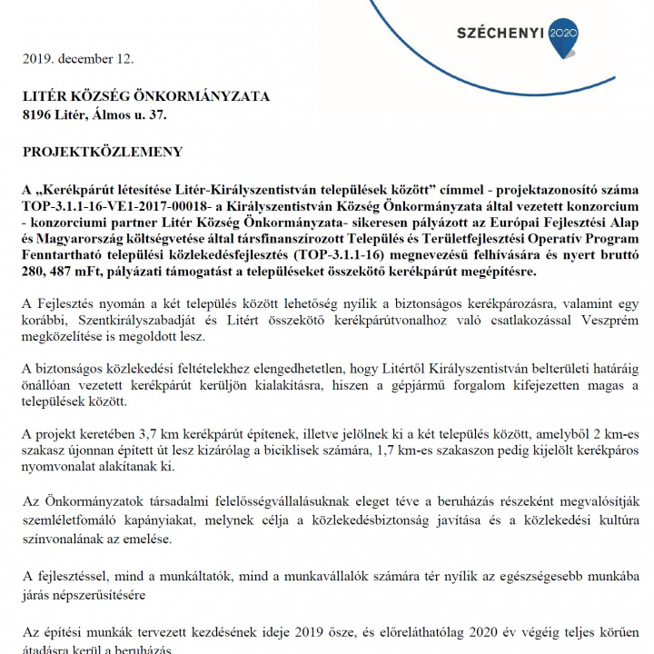 Kerékpárút létesítése Litér-Királyszentistván települések között