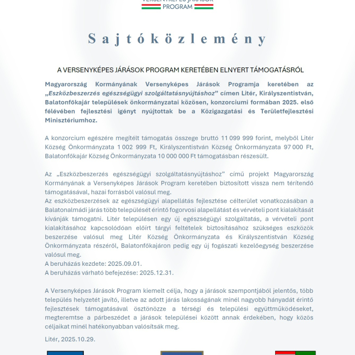 Versenyképes Járások Program - Eszközbeszerzés egészségügyi szolgáltatásnyújtáshoz sajtóközlemény	