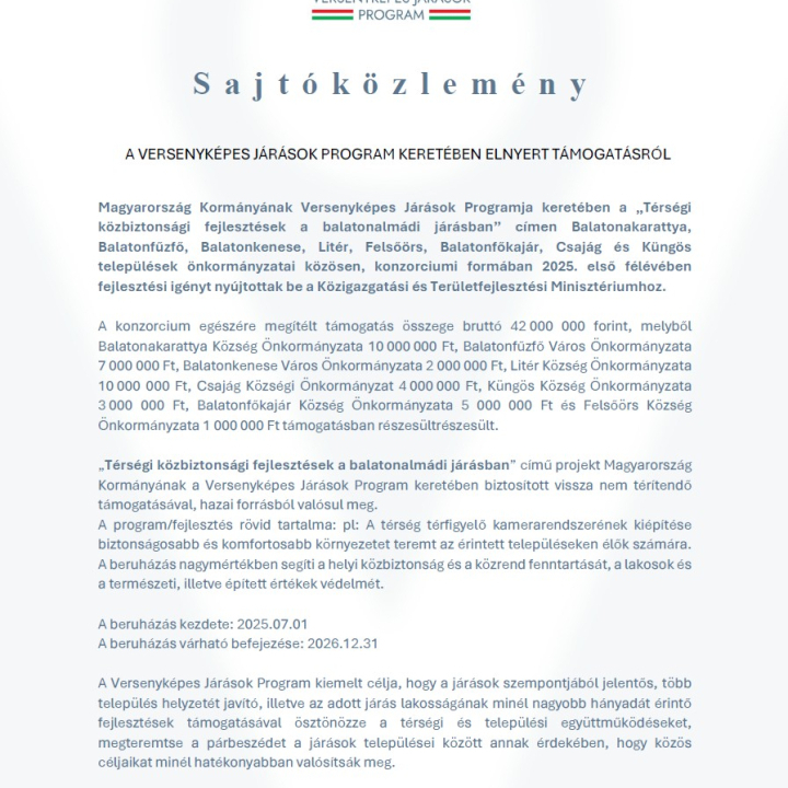 Versenyképes Járások Program - Térségi közbiztonsági fejlesztések a balatonalmádi járásban sajtóközlemény	