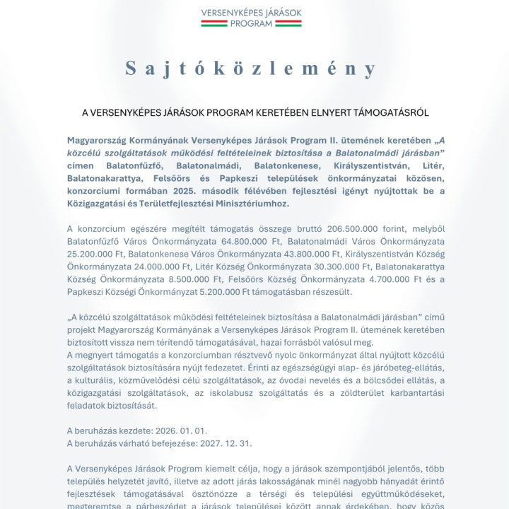 Versenyképes Járások Program - A közcélú szolgáltatások működési feltételeinek biztosítása a Balatonalmádi járásban sajtóközlemény