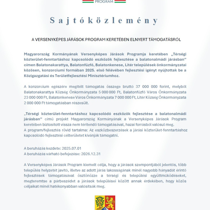 Versenyképes Járások Program - Térségi közterület-fenntartáshoz kapcsolódó eszközök fejlesztése a balatonalmádi járásban sajtóközlemény	