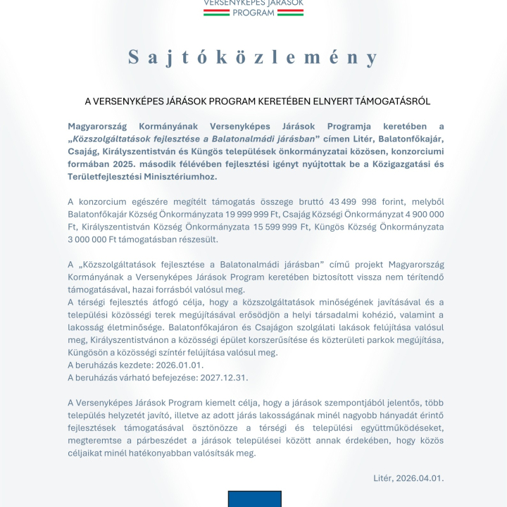 Versenyképes Járások Program - Közszolgáltatások fejlesztése a Balatonalmádi járásban sajtóközlemény